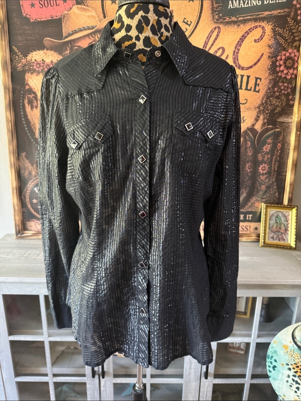 ROPER Black Shimmery Button-Up Western Shirt Sz XL